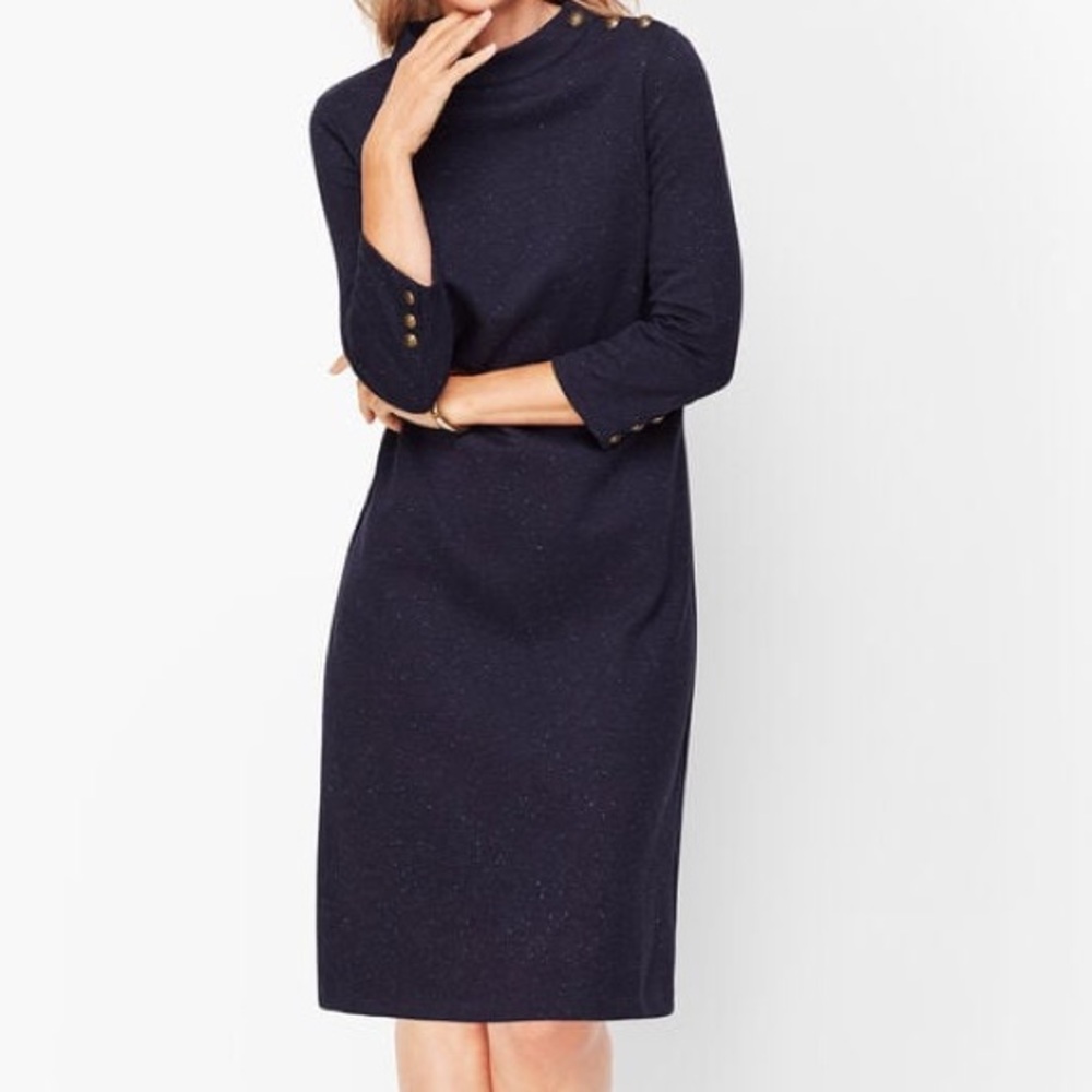 Talbots Knit Dark Navy 3/4 Sleeve Heathered Shift Dress Button Detail